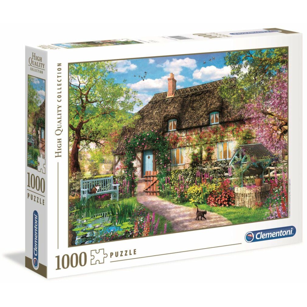 Puzzle Clementoni 1000 pezzi. Immagine del cottage con giardino sulla confezione. Scritta: High Quality Collection.