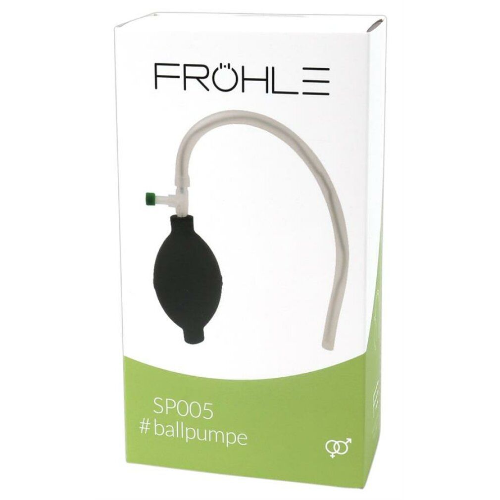 Confezione prodotto con pompa a sfera nera, tubo trasparente e valvola verde. Marchio Fröhle, modello SP005.