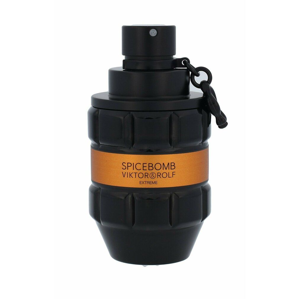 Flacone nero a forma di granata con etichetta dorata e scritta. Chiusura nera con catena.