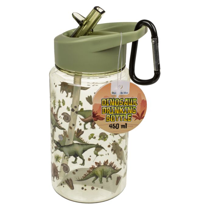 Borraccia dinosauri, tappo verde, cannuccia ed etichetta. Etichetta con testo: Dinosaur Drinking Bottle 450 ml.
