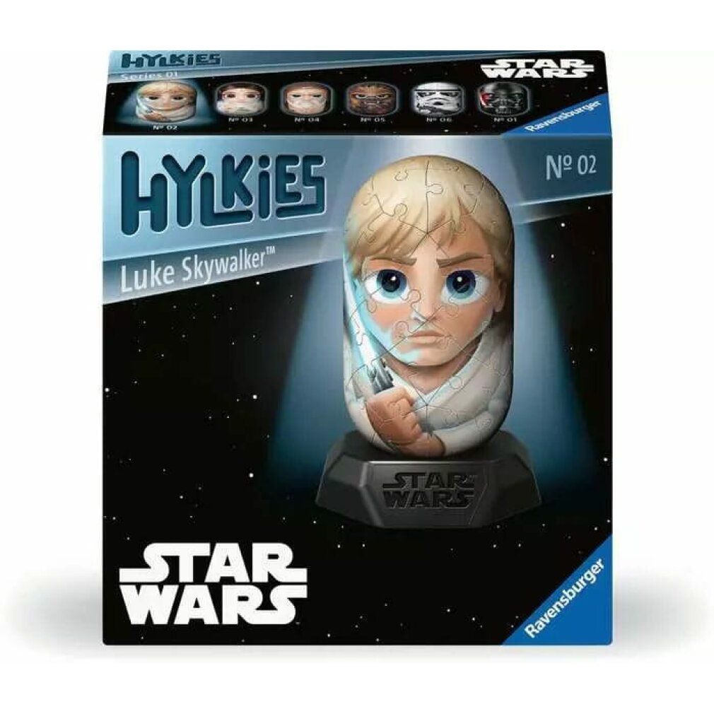 Confezione del puzzle 3D Luke Skywalker Hylkies. Puzzle a forma di uovo con personaggio su base. Logo Star Wars. Ravensburger.