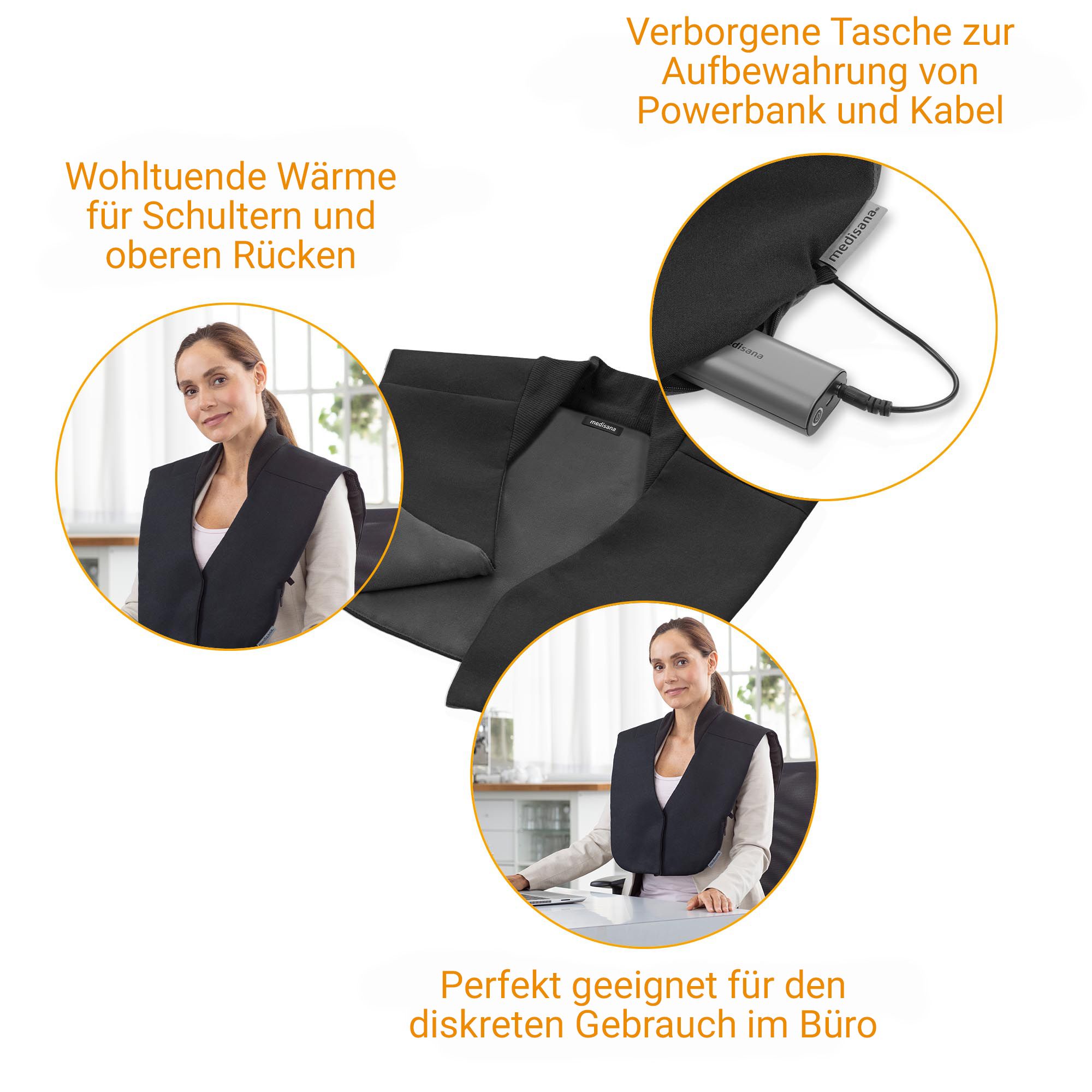 Vista dettagliata: Mantella termica nera con pannello di controllo integrato e connessione per power bank.