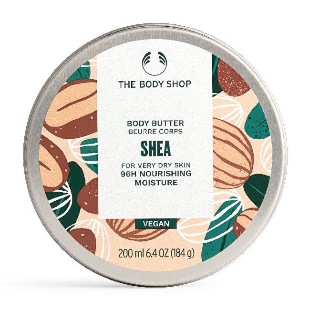 Barattolo rotondo con coperchio. Scritta: The Body Shop, Body Butter Shea, per pelli molto secche. Vegano. 200 ml.