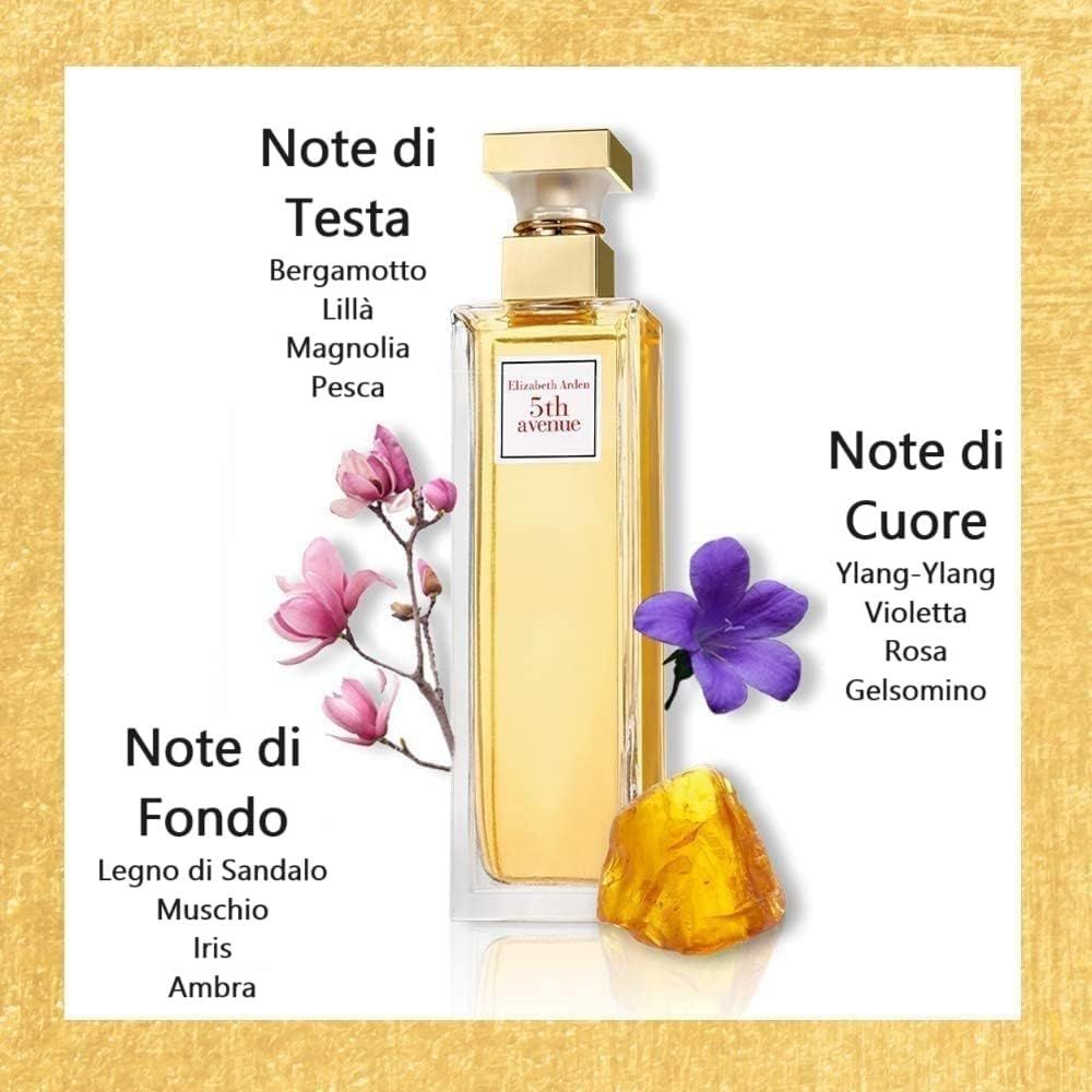 Flacone di profumo con ingredienti. L'etichetta indica "5th avenue".