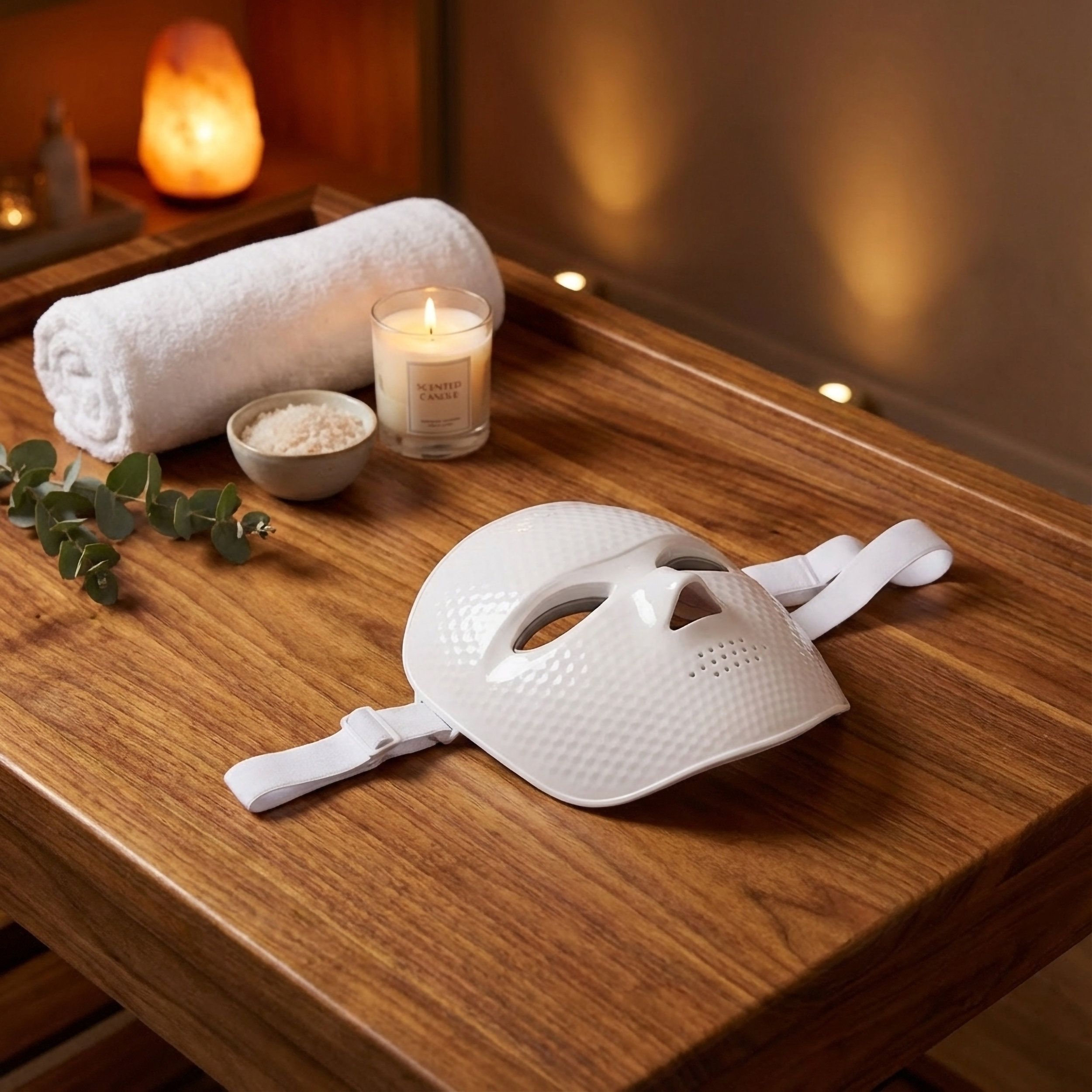 Maschera facciale a LED bianca su una superficie in legno. Superficie a nido d'ape e cinturino bianco.