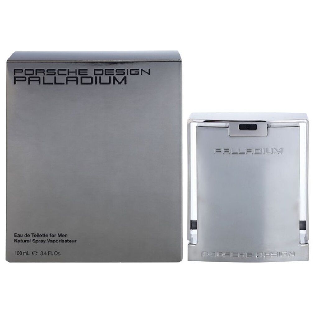 Flacone e confezione argentati. Scritta: PORSCHE DESIGN PALLADIUM. Eau de Toilette per uomo.