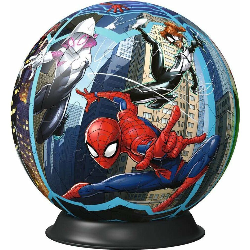 Puzzle 3D-Ball Spiderman. Puzzle sferico con Spiderman. Base nera. Personaggi di Spiderman in azione. Tonalità blu e grigie.