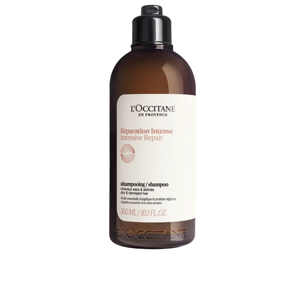 Flacone di shampoo marrone con tappo nero. Etichetta con nome e testo del prodotto. L'OCCITANE Shampoo Riparatore Intensivo 300 ml.