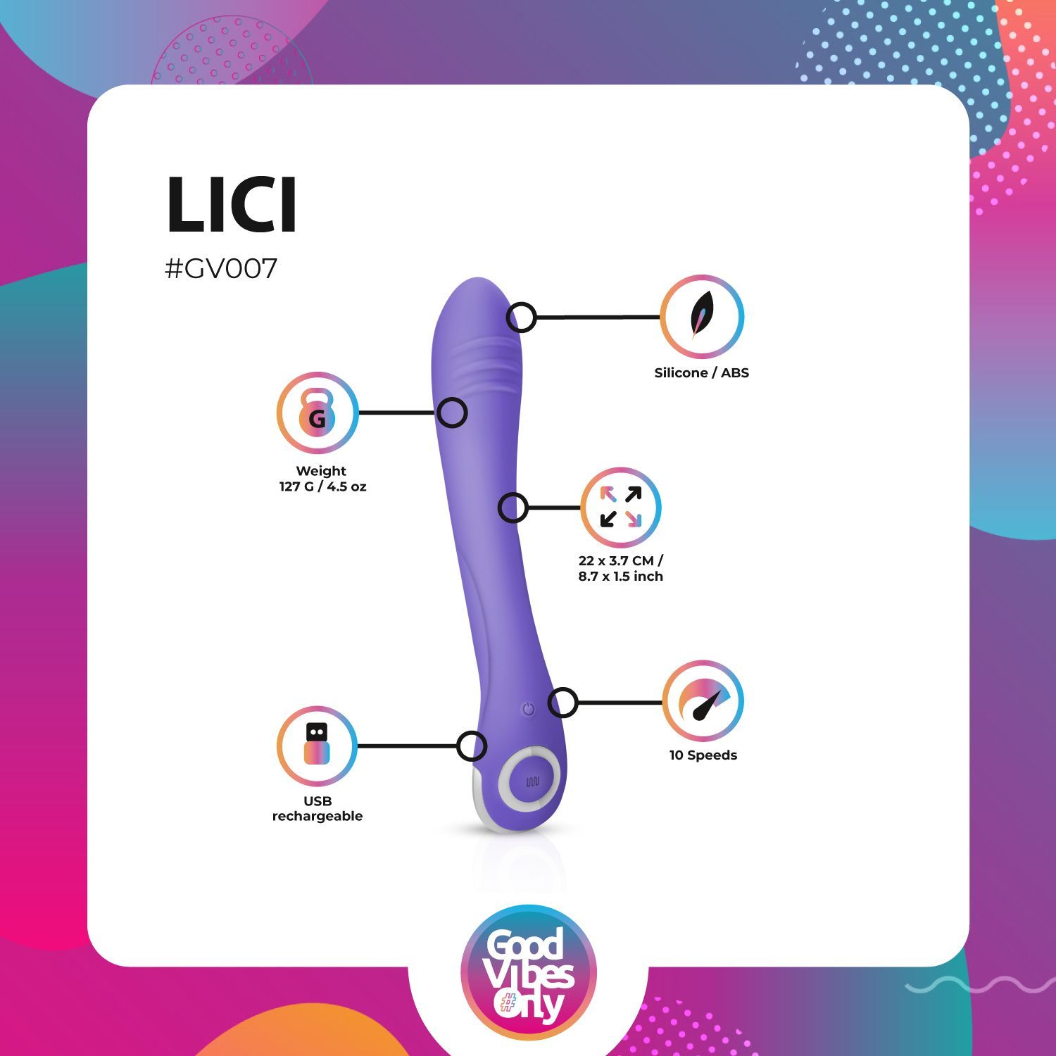 Vibratore viola con specifiche tecniche. Testo: "LICI", "#GV007", peso, dimensioni, materiale, velocità, ricarica USB.