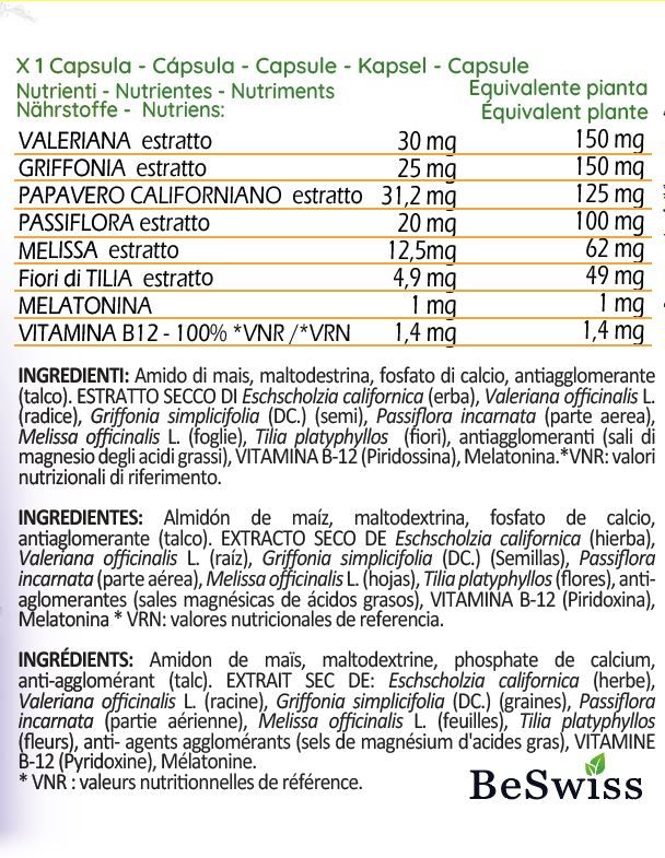 Tabella nutrizionale. Contiene valeriana, griffonia, papavero, passiflora, melissa, fiori di tiglio, melatonina, vitamina B12. Ingredienti elencati.