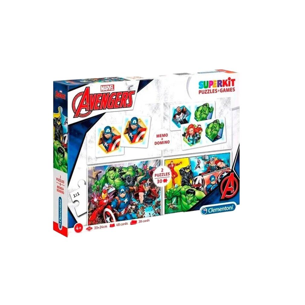 Clementoni Avengers Superkit. Scatola con puzzle, memo e domino. Include 2 puzzle, 48 carte e 28 domino. Logo Marvel.