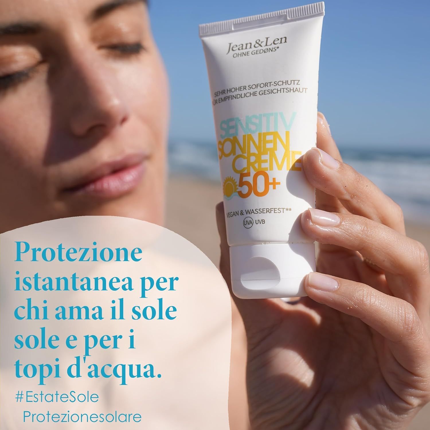 Donna tiene tubo crema solare. Testo: Protezione immediata per amanti del sole e dell'acqua. #EstateSoleProtezioneSolare.