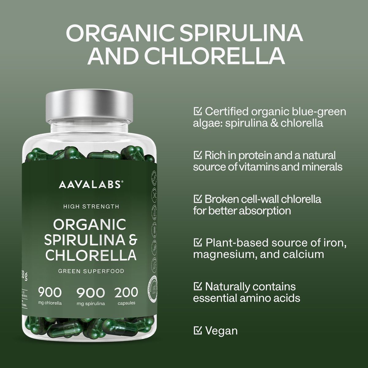 Bottiglia di capsule verdi e testo: Organic Spirulina & Chlorella. Vegano.