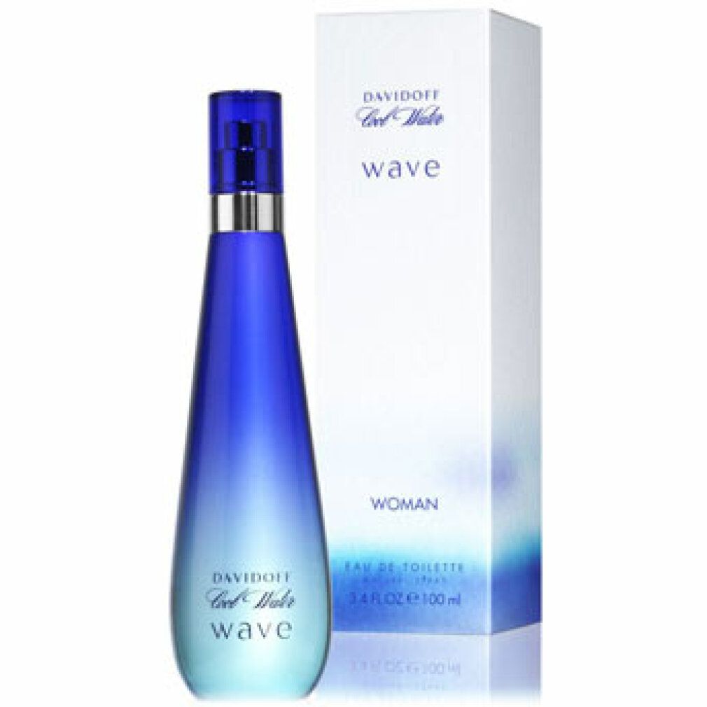 Flacone blu e confezione. Scritta: Davidoff Cool Water Wave, Woman, Eau de Toilette.