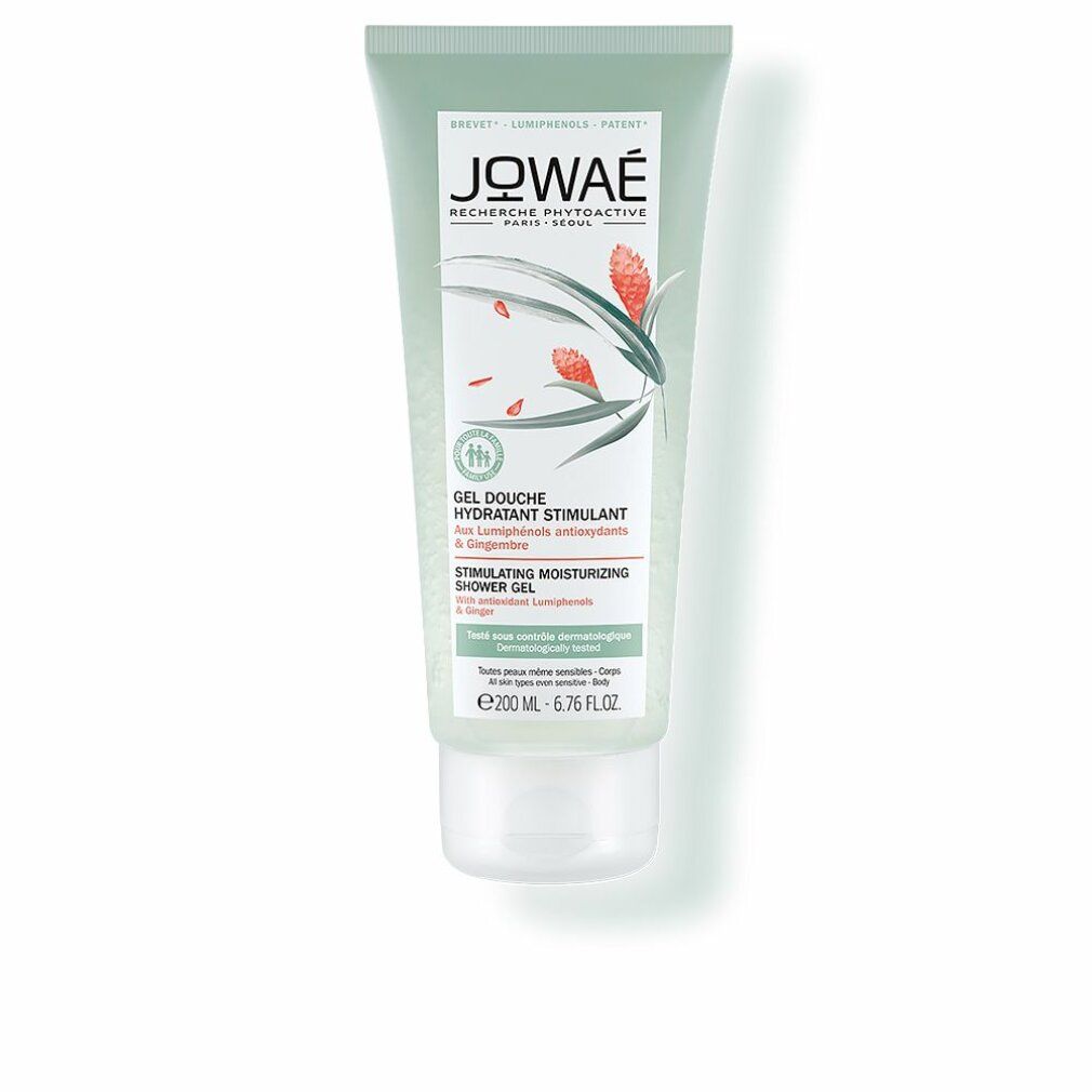 Tubo verde di gel doccia Jowae. Testo: Gel Douche Hydratant Stimulant, Zenzero. 200 ml. Dermatologicamente testato.