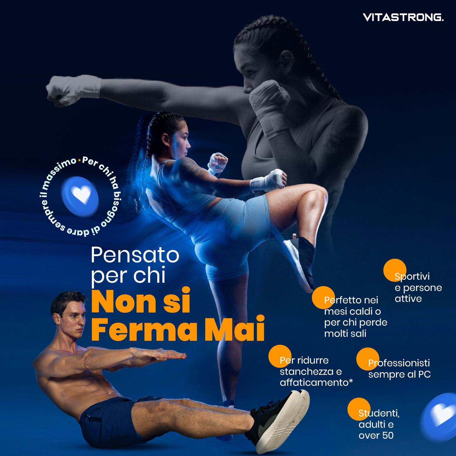 Confezione Vitastrong Magnesio & Potassio. Persone che fanno sport. Testo: Pensato per chi Non si Ferma Mai. Con icone.