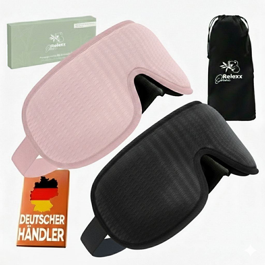 Due maschere da sonno 3D (nera, rosa), sacchetto da viaggio, confezione e certificato rivenditore.