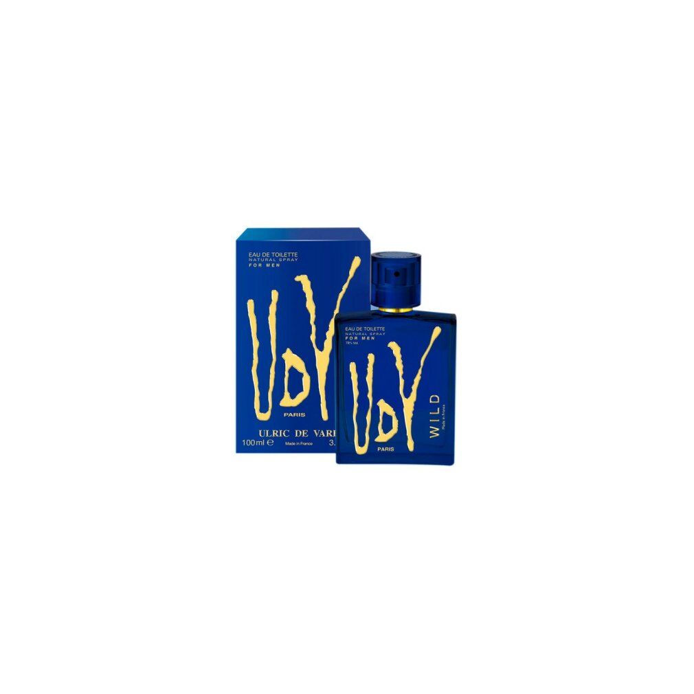 Flacone e scatola di profumo blu scuro con scritta dorata "UDV WILD" e "ULRIC DE VARENS". Eau de Toilette da uomo.