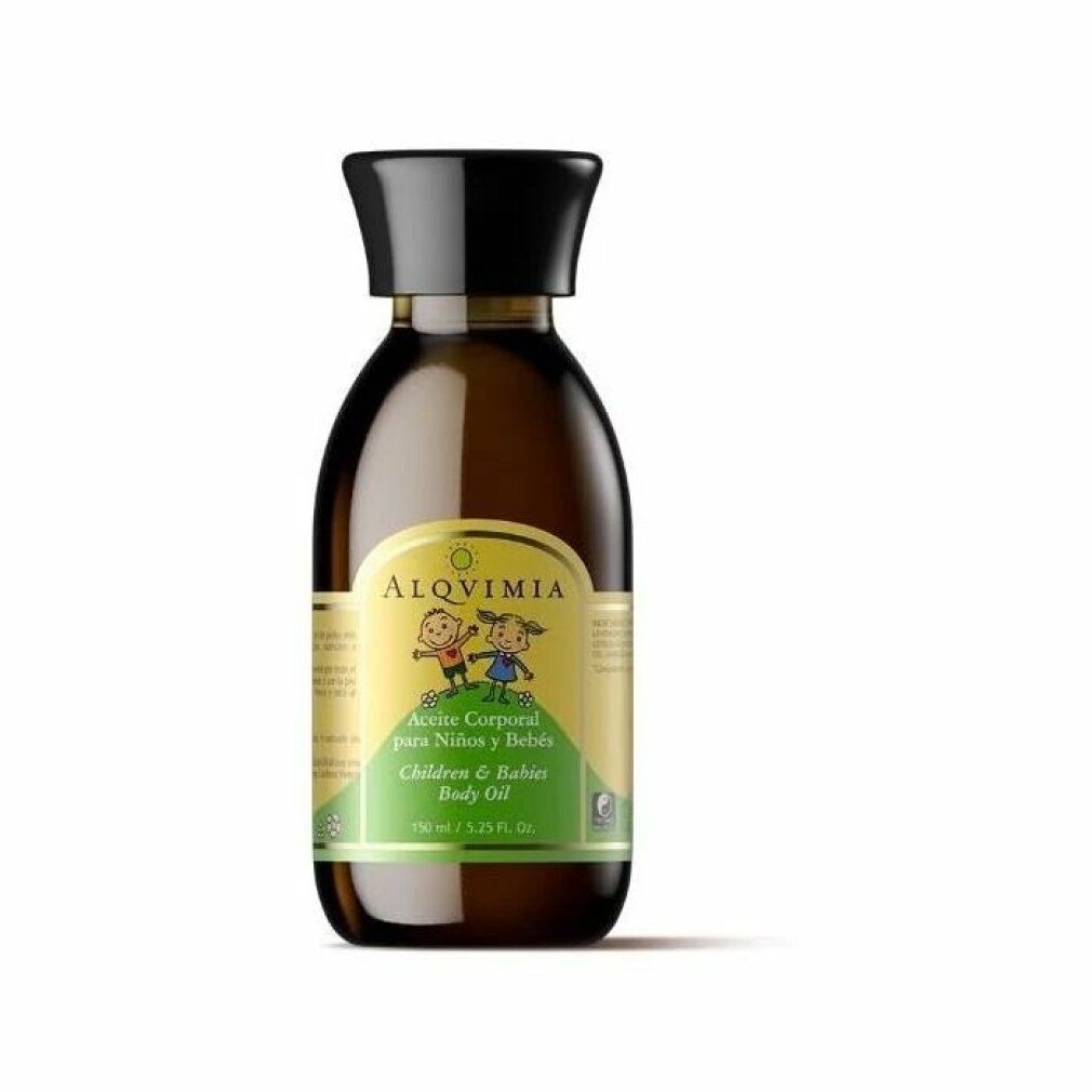 Flacone in vetro ambrato con tappo nero. Scritta: 'Aceite Corporal para Niños y Bebés' e 'Body Oil'.