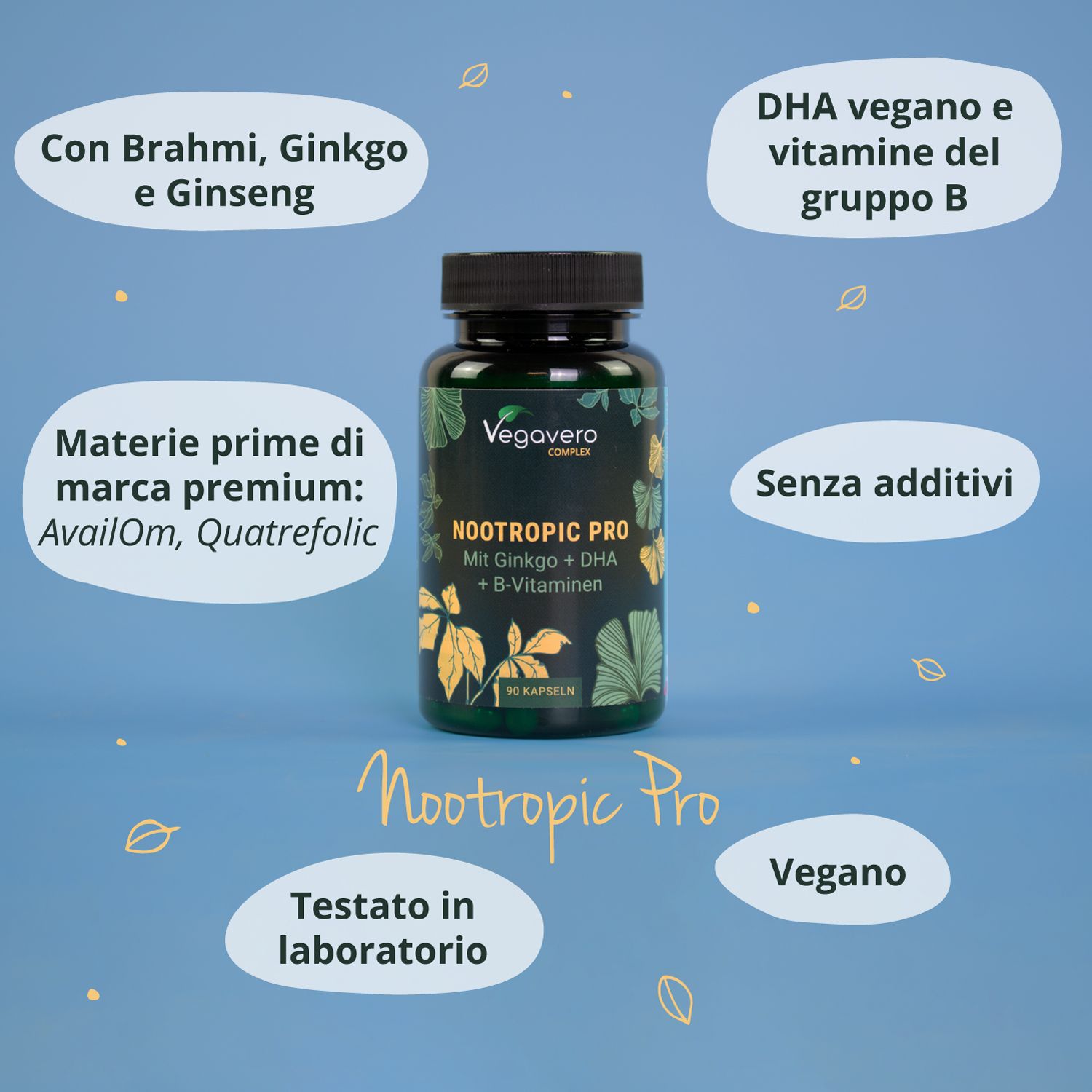Bottiglia con tappo nero, circondata da testo. Testo: Vegavaro, Nootropic Pro, Mit Ginkgo + DHA + B-Vitaminen. Vegano, Testato in laboratorio.