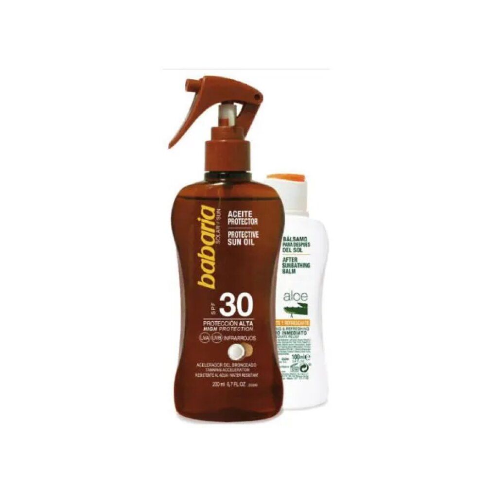 Babaria Olio solare protettivo SPF30 spray e balsamo doposole. Flacone marrone con spruzzatore, flacone bianco accanto.