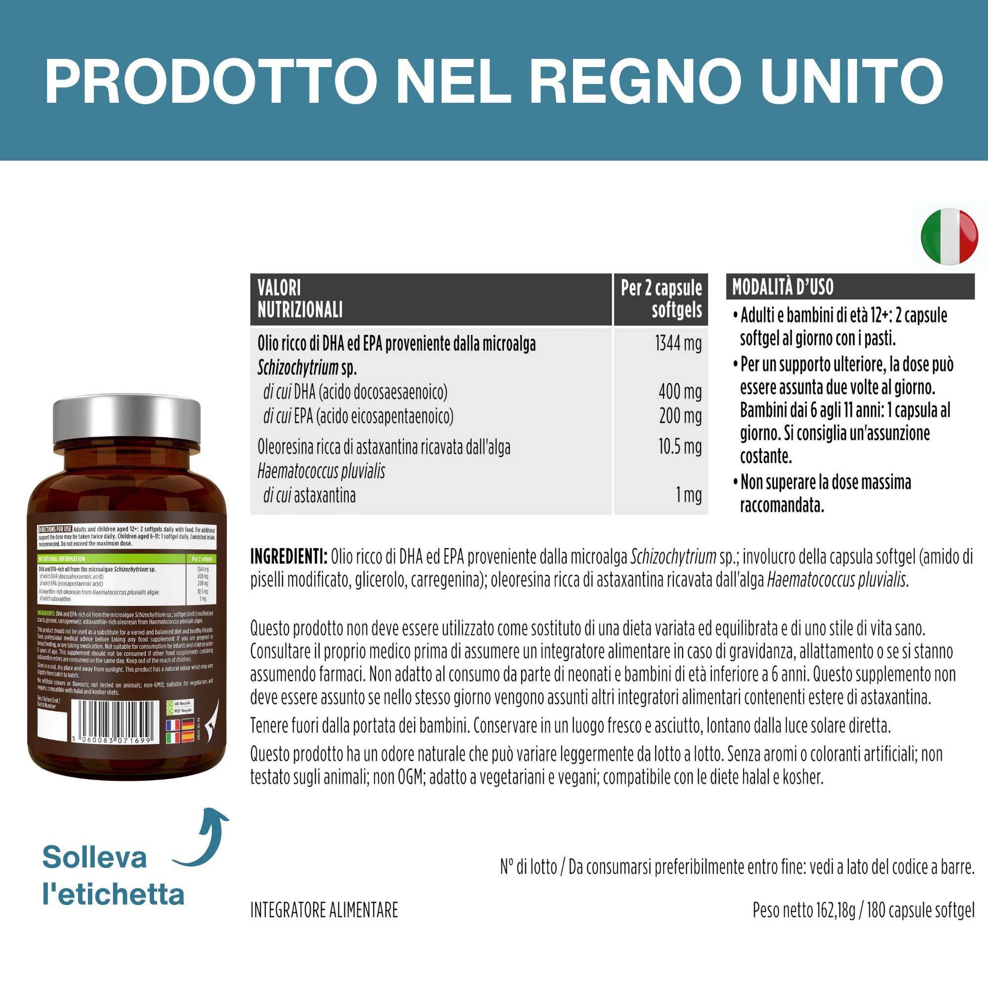 Prodotto nel Regno Unito secondo le norme GMP. Flacone con etichetta.