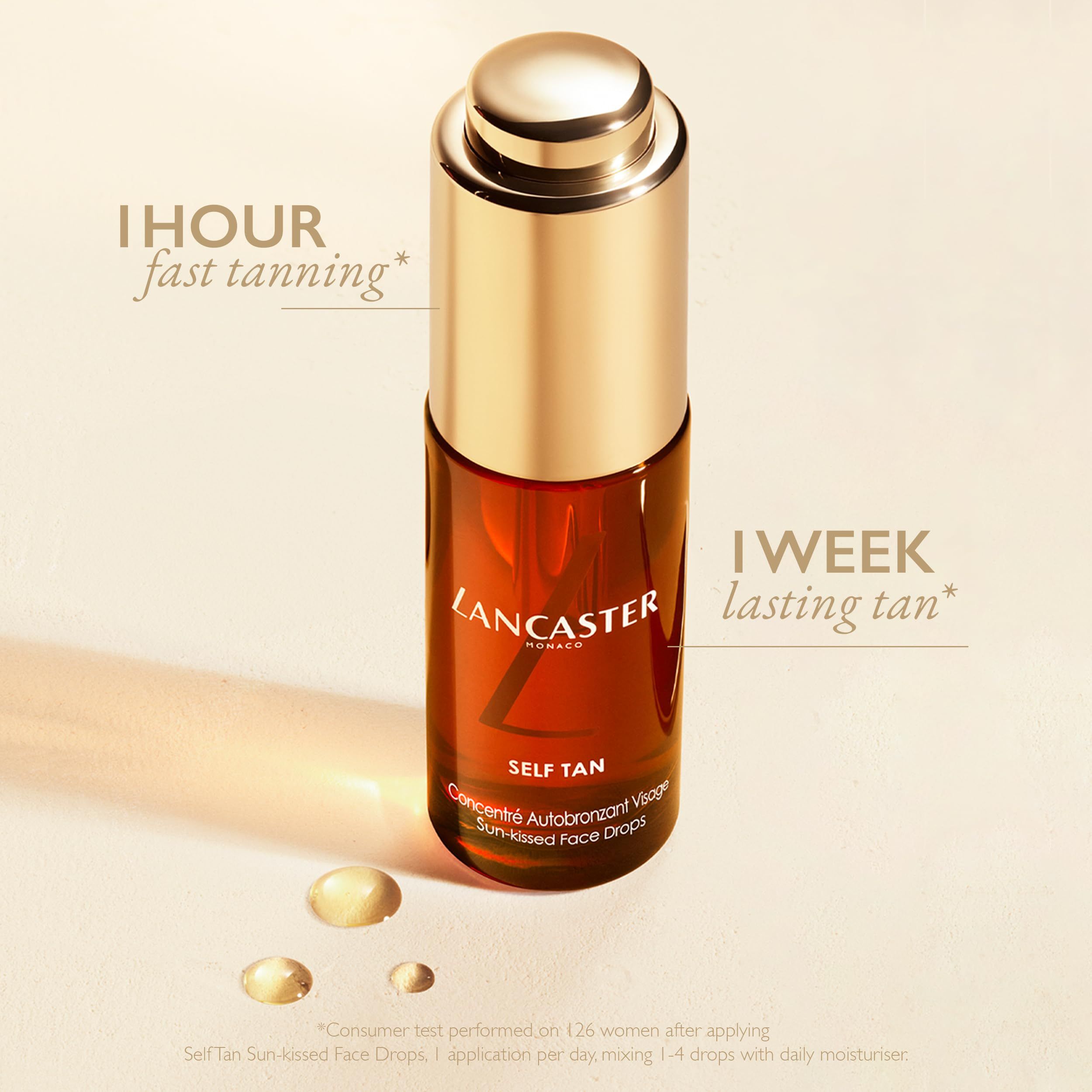 Flacone di vetro marrone con tappo dorato. Scritta: Lancaster, Self Tan, Sun-kissed Face Drops. Testo: 1 ora, 1 settimana.