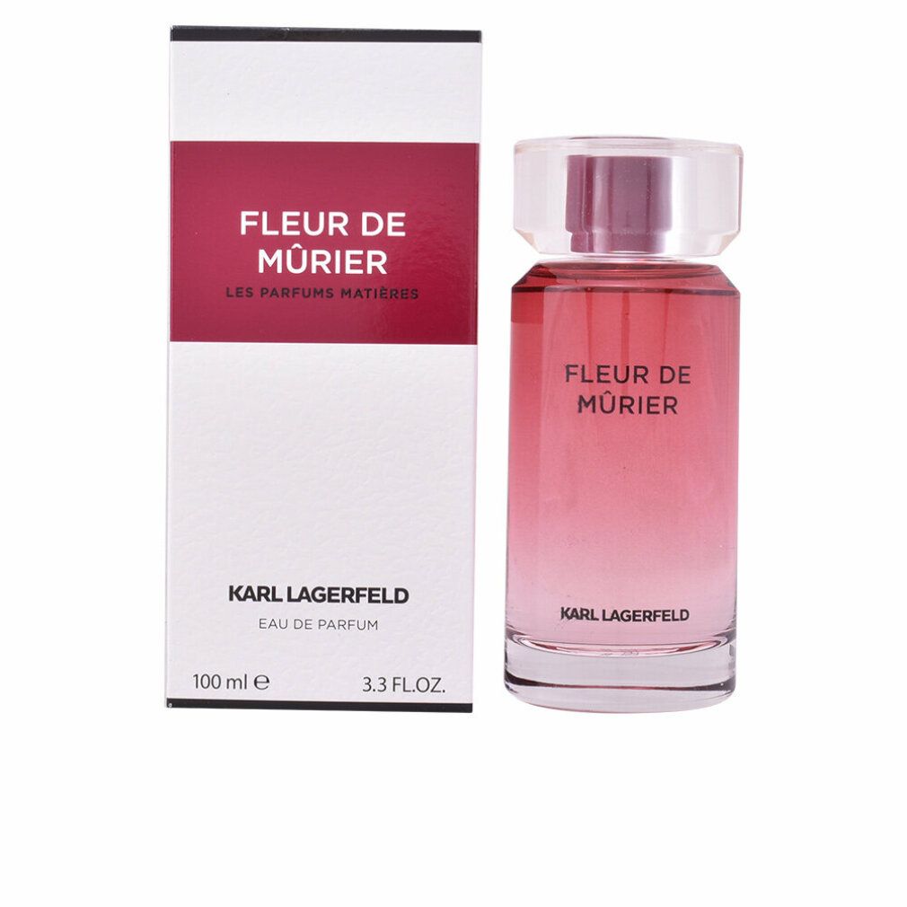 Flacone di profumo e confezione. Scritta: Fleur de Mûrier, Karl Lagerfeld. Flacone con sfumatura da rosa a trasparente.