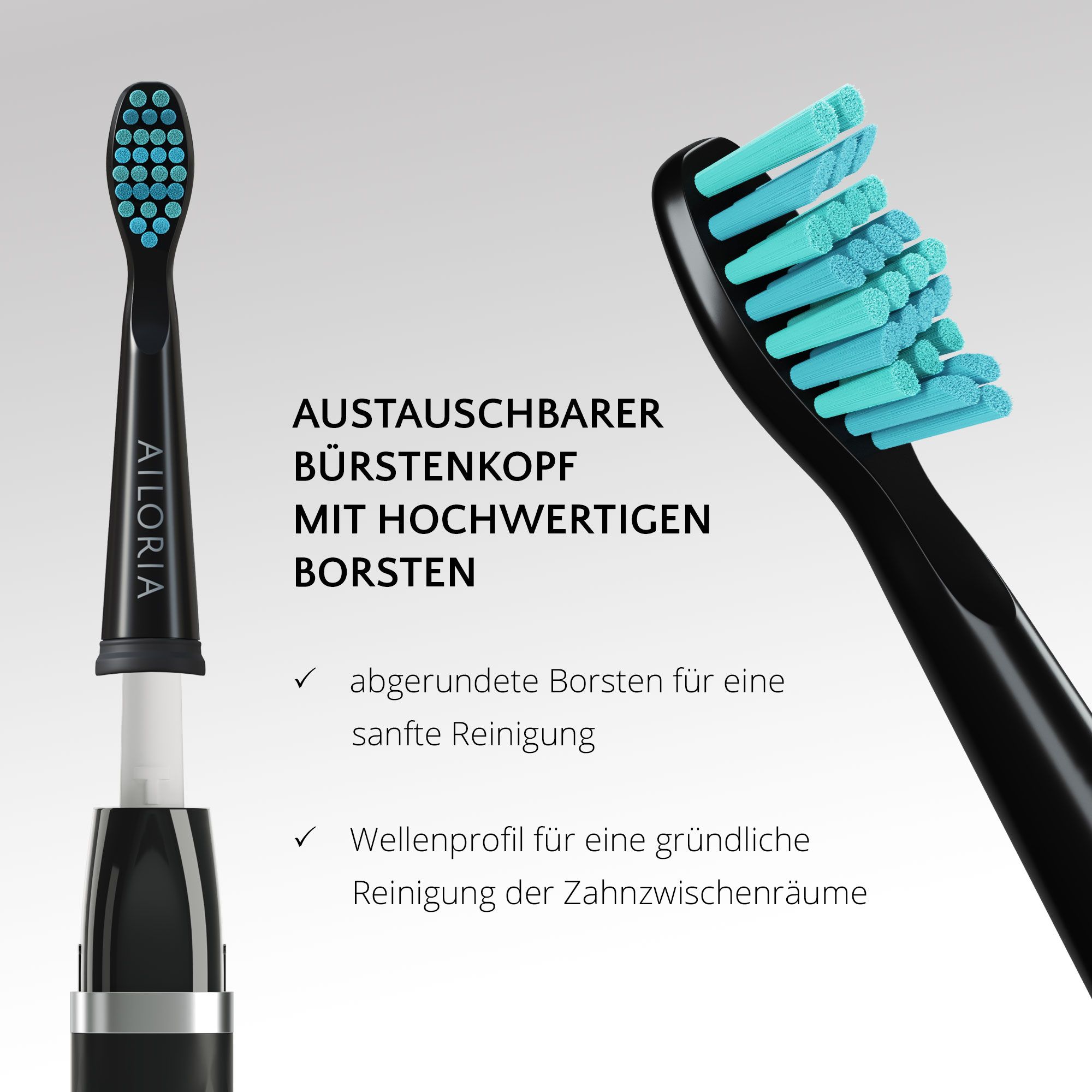 Primo piano dello spazzolino nero con testina sostituibile. Setole arrotondate. Profilo ondulato.