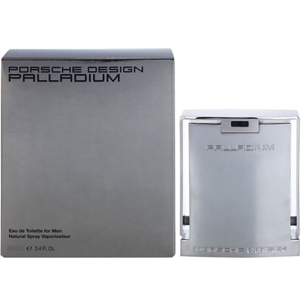 Scatola grigia e flacone. Scritta: PORSCHE DESIGN PALLADIUM. Testo: Eau de Toilette for Men, Natural Spray Vaporisateur. Flacone accanto.