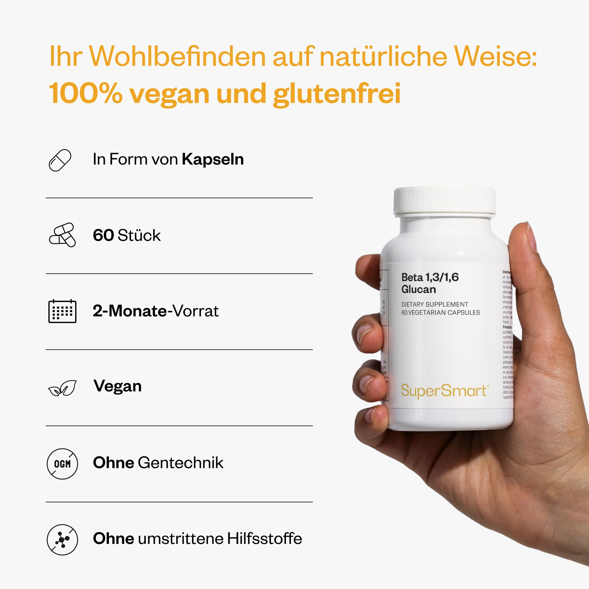 Flacone bianco con capsule di Beta 1,3/1,6 Glucano, 60 pezzi, vegano, senza glutine.