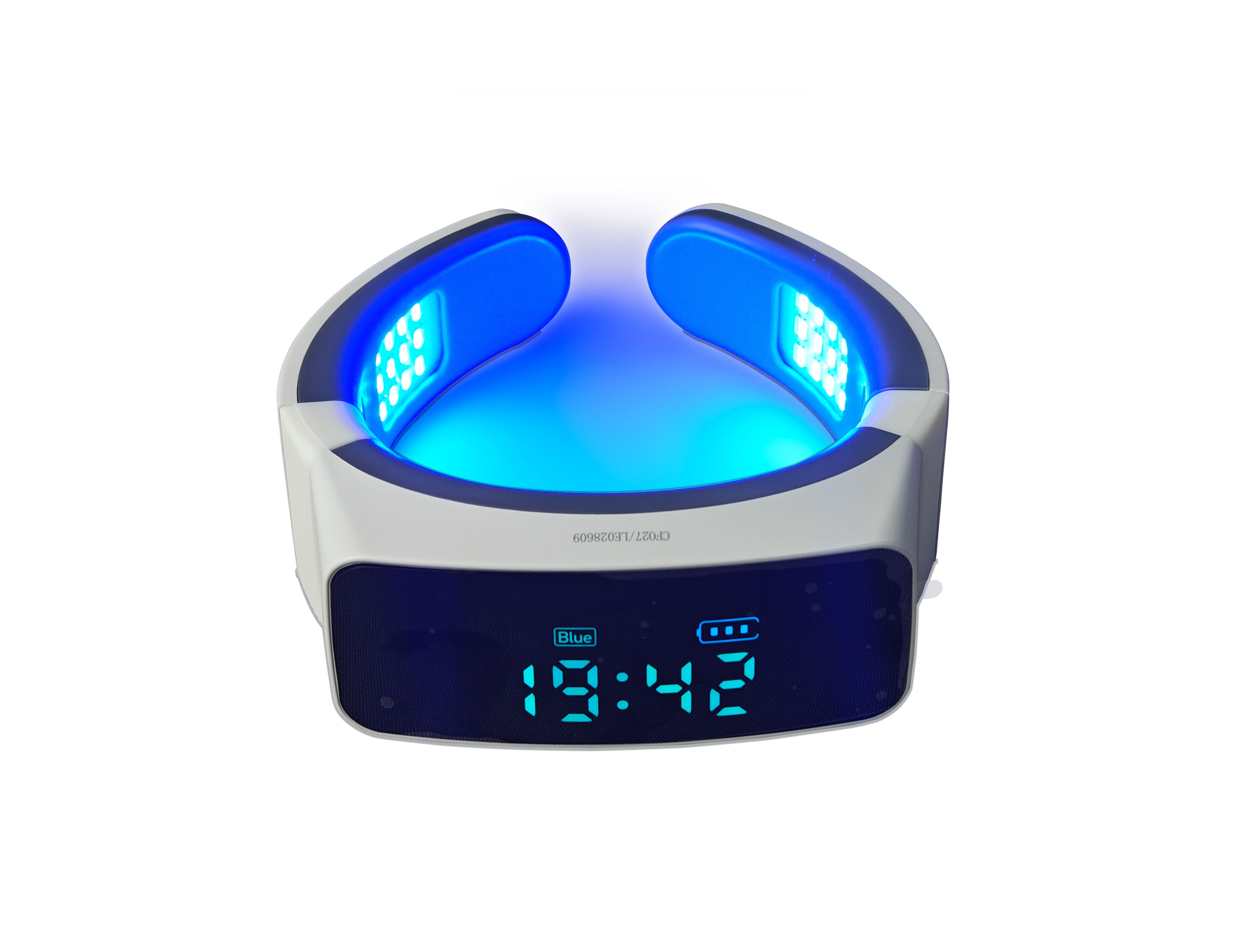Dispositivo con luce blu. Corpo bianco, elementi grigi. Mostra l'ora 19:42 e un indicatore della batteria. Luci LED blu.