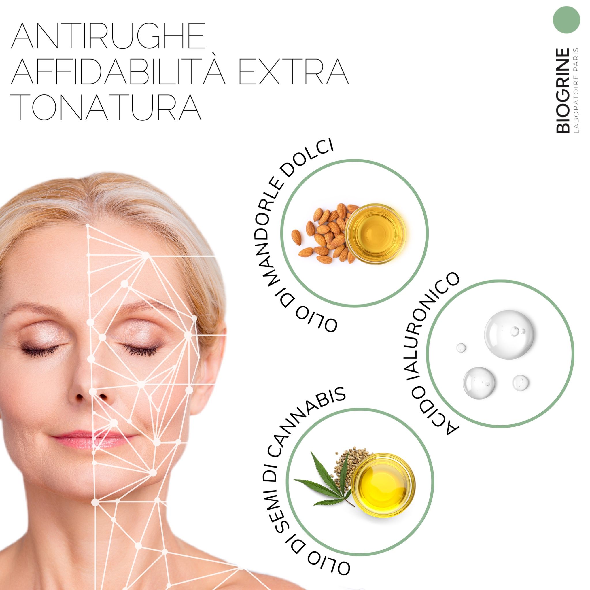 Donna con analisi del viso. Testo: Anti-rughe, extra fermezza. Ingredienti: olio di mandorle, acido ialuronico, olio di cannabis. BIOGRINE.