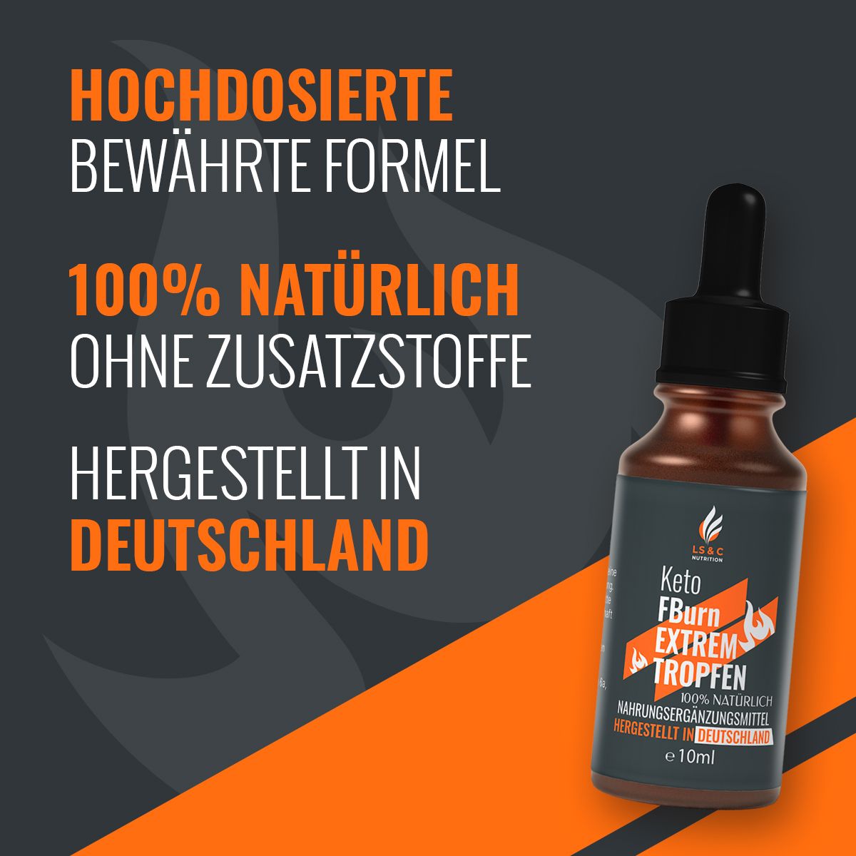 Flacone del prodotto con testo: Formula collaudata, 100% naturale, senza additivi. Prodotto in Germania. Sfondo arancione.