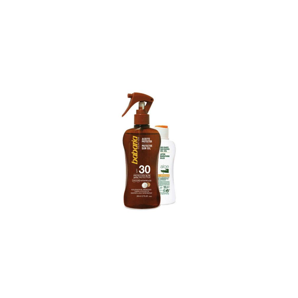 Babaria Olio solare protettivo SPF30 spray e balsamo doposole. Flacone marrone con spruzzatore, flacone bianco accanto.