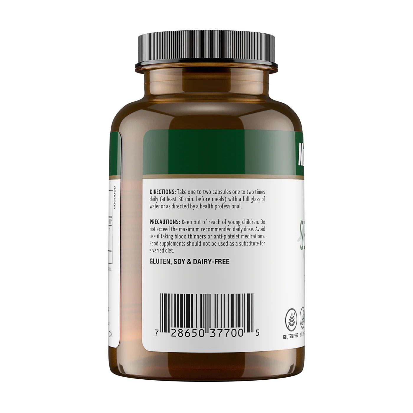 Retro del contenitore Nutramedix Serrapeptase con Inulina, con istruzioni per il dosaggio e codice a barre.