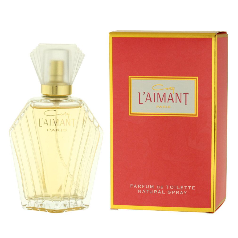 Coty L'Aimant Parfum de Toilette. Flacone e scatola rossa con dettagli dorati. Scritta.