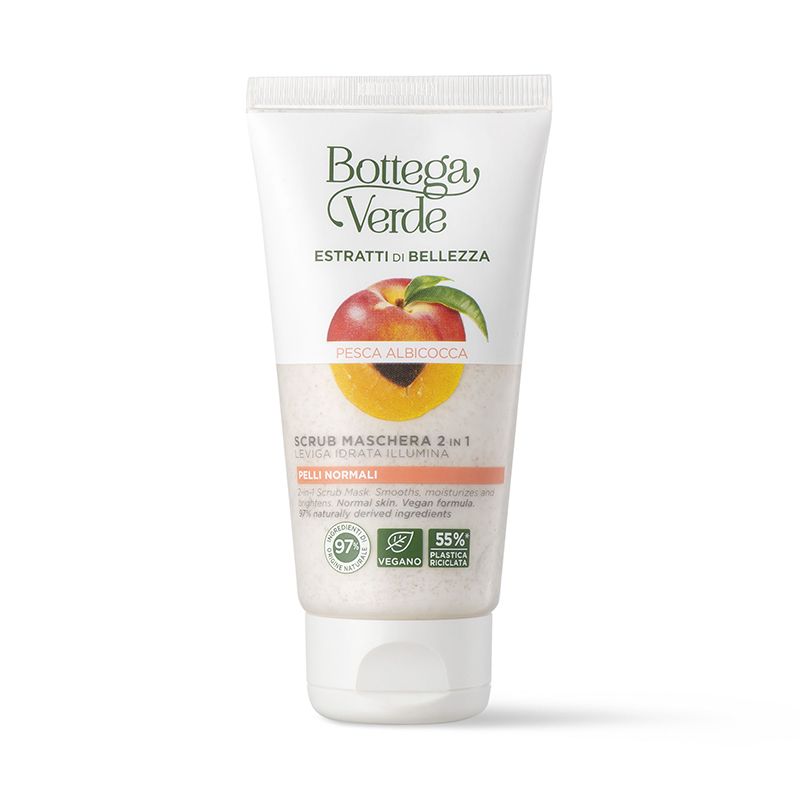 Tubo bianco-verde con illustrazione del prodotto. Testo: Bottega Verde, Estratti di bellezza, Pesca Albicocca, Scrub Maschera 2 in 1. Vegano.