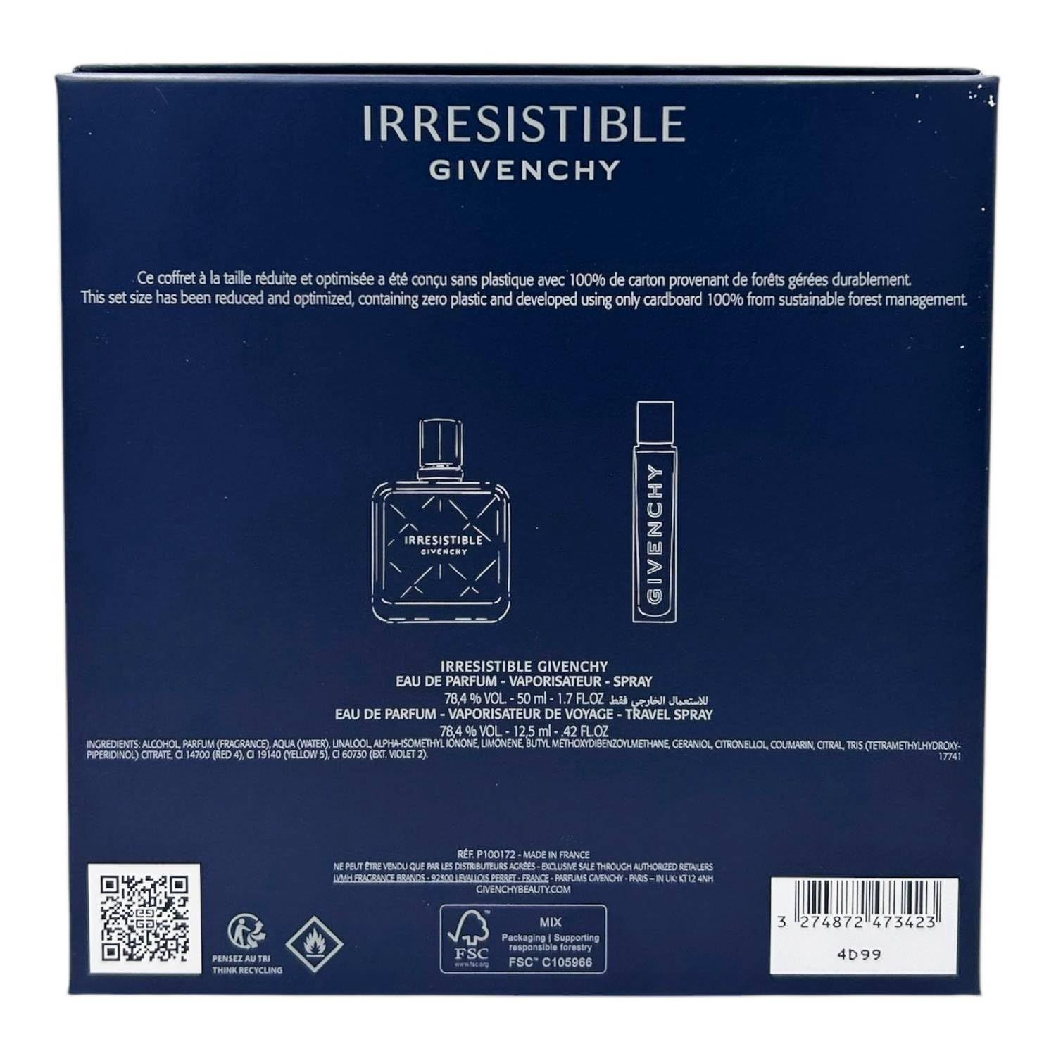 Confezione blu scuro con illustrazioni e testo del prodotto. Contiene due flaconi. Testo: Irresistible Givenchy, Eau de Parfum, Vaporisateur de voyage.