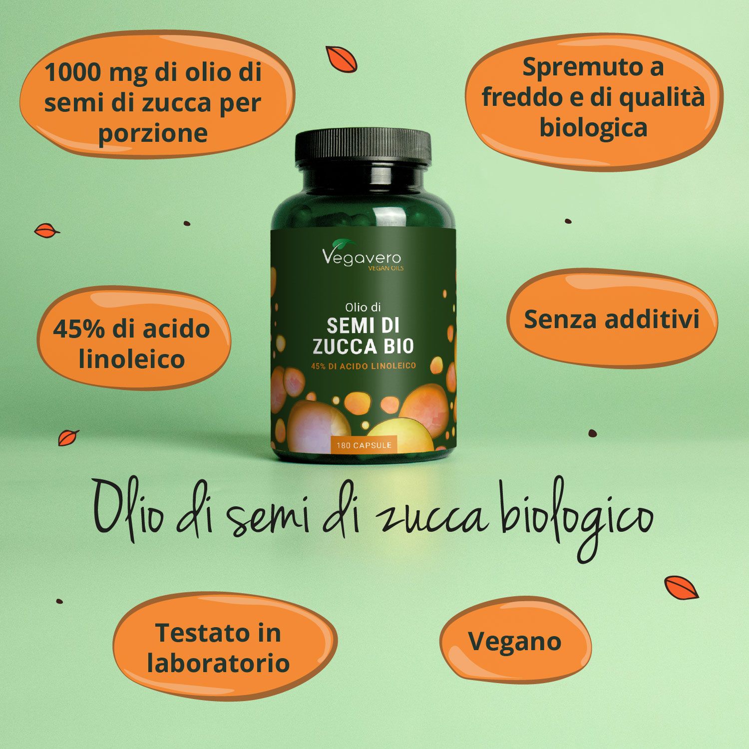 Flacone verde di capsule. Scritta: Semi di Zucca BIO. Informazioni aggiuntive. Marchio: Vegavaro.