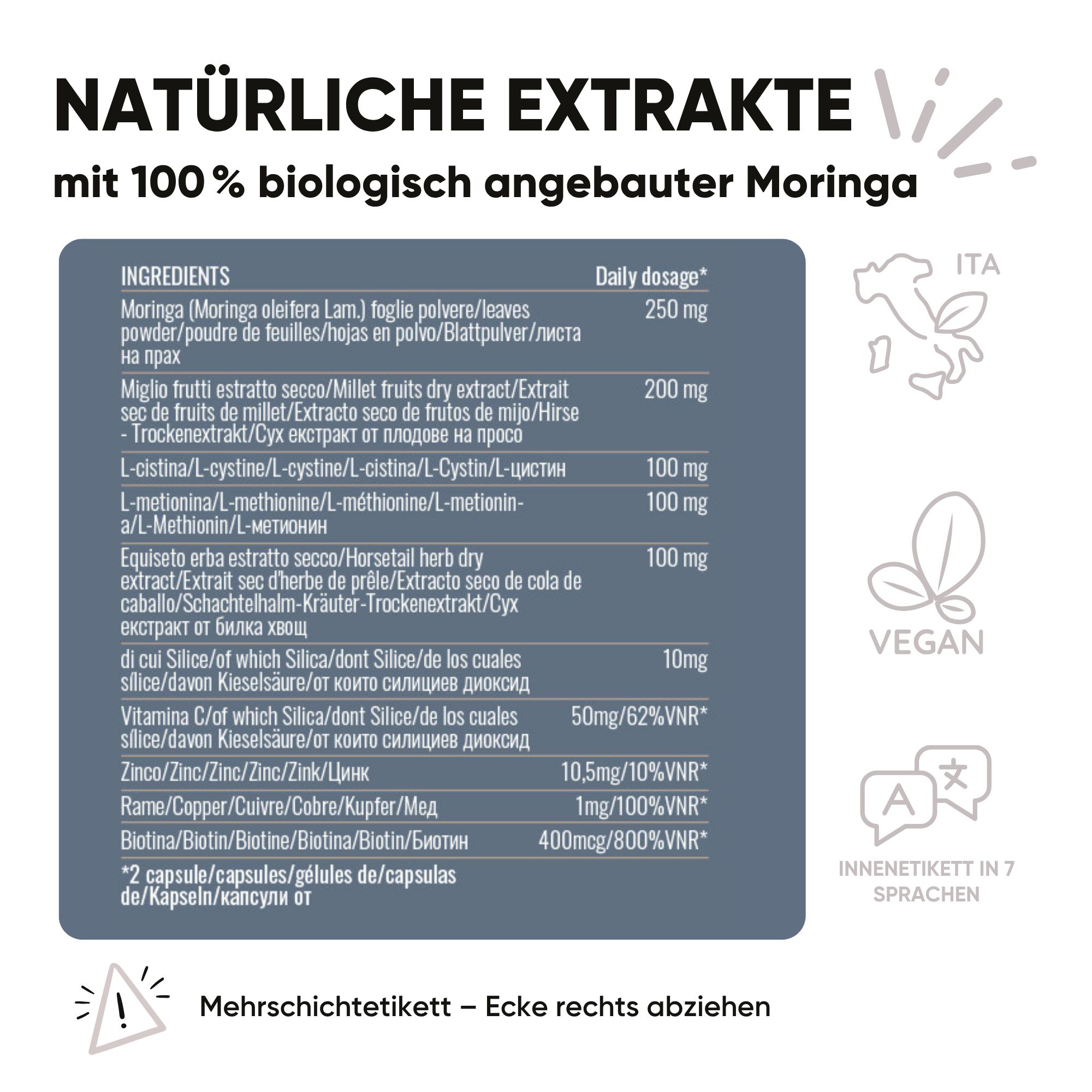 Elenco ingredienti con moringa, miglio, biotina. Sigilli: Vegan, foglietto illustrativo in 7 lingue.