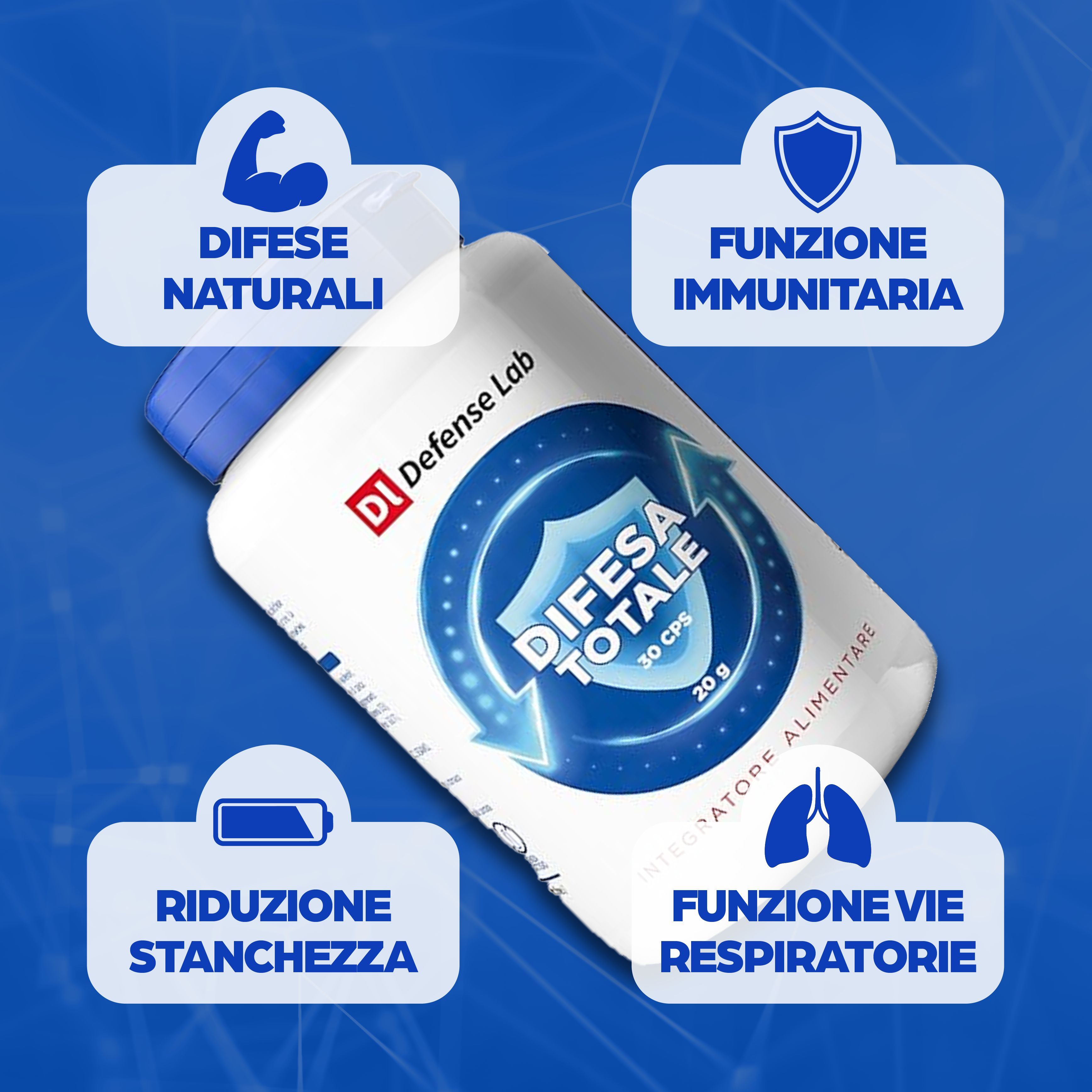 Confezione del prodotto. Logo: Defense Lab. Testo: Difesa Totale, 20g. Funzioni: difese naturali, funzione immunitaria, riduzione stanchezza, vie respiratorie.