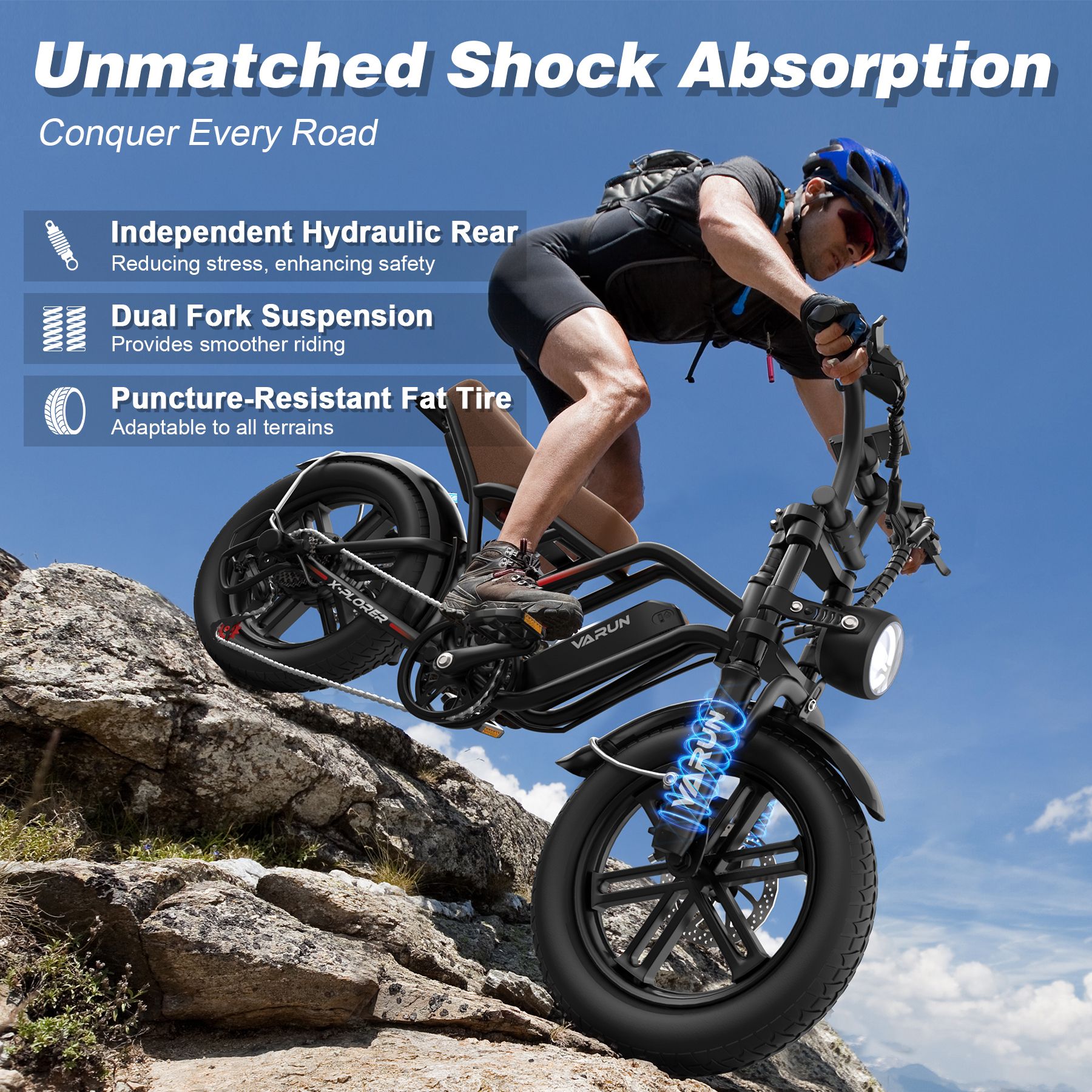 E-bike VARUN X-Plorer in azione su terreno roccioso. Testo: Unmatched Shock Absorption, Independent Hydraulic Rear, Dual Fork Suspension.