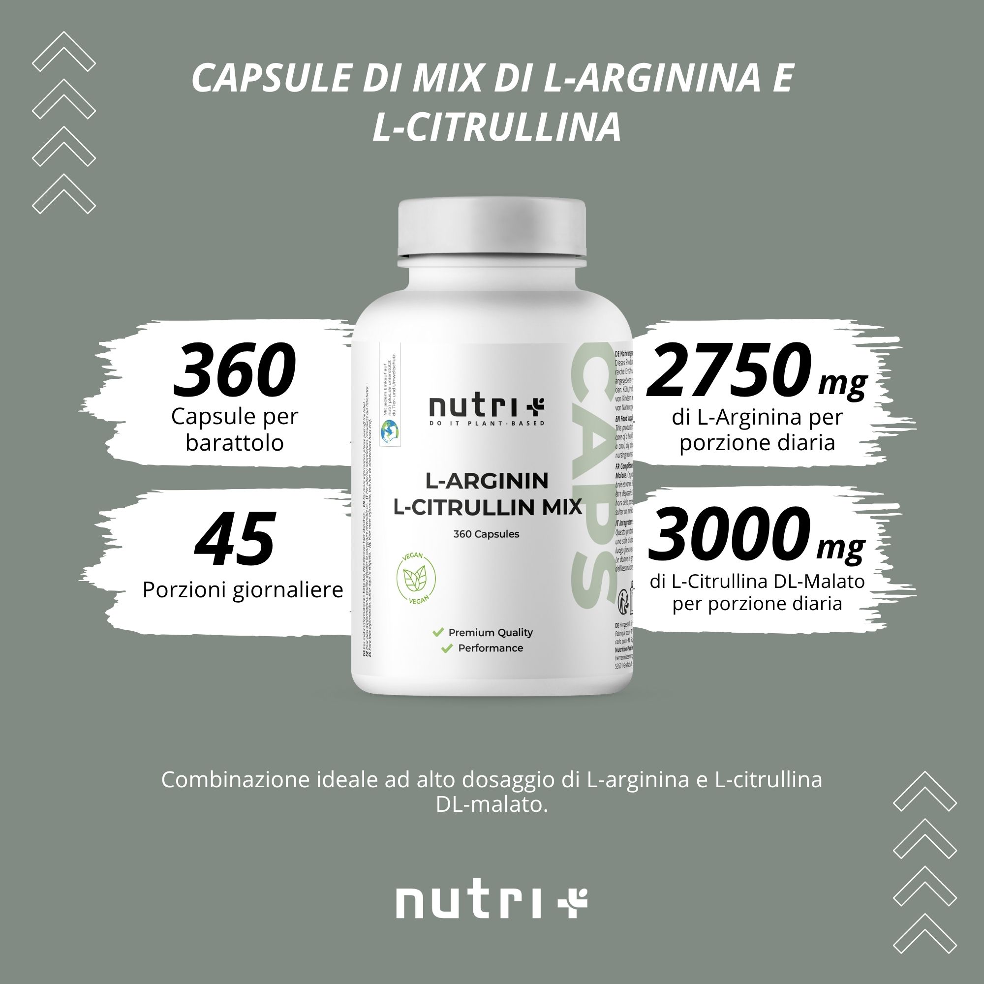 Flacone di capsule. Testo: 360 capsule, 45 porzioni, 2750 mg L-Arginina, 3000 mg L-Citrullina.
