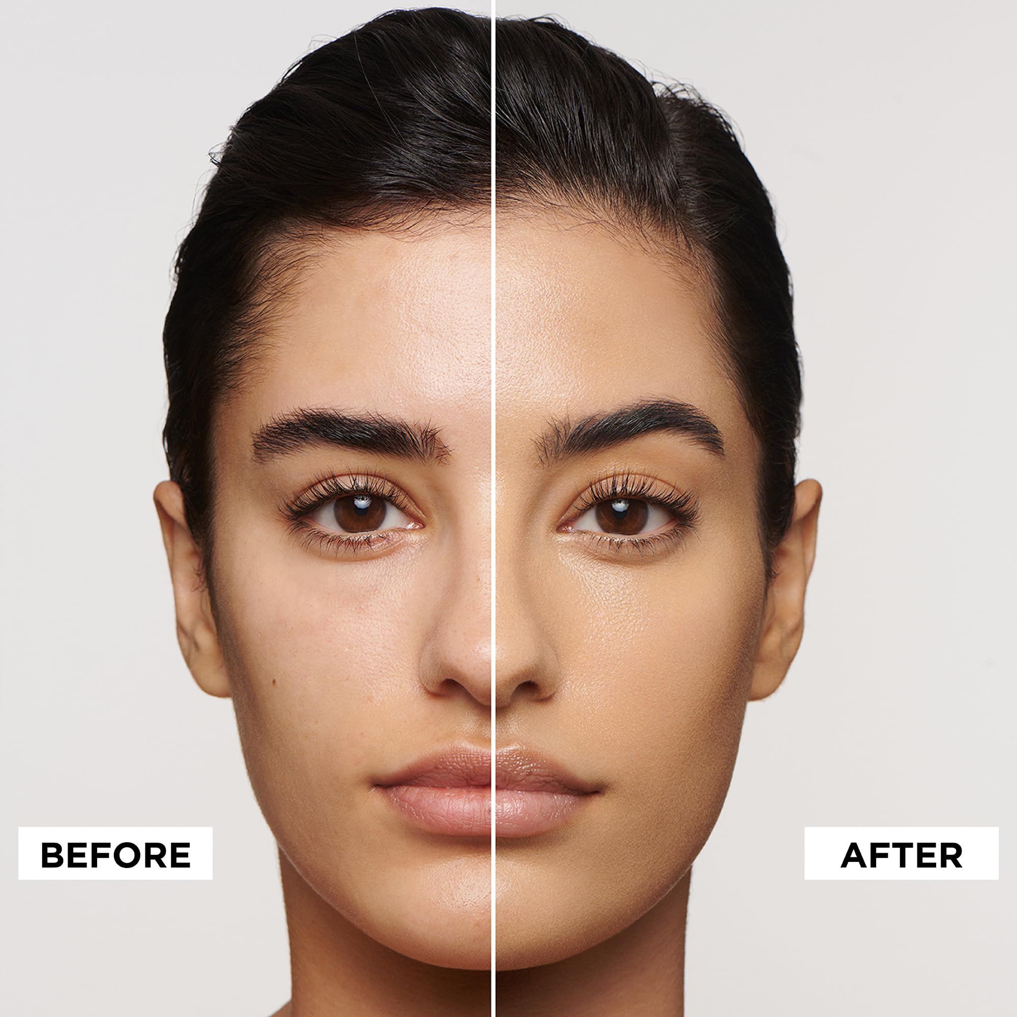 Viso diviso. Sinistra: pelle prima dell'applicazione. Destra: pelle dopo l'applicazione. Testo: BEFORE/AFTER.