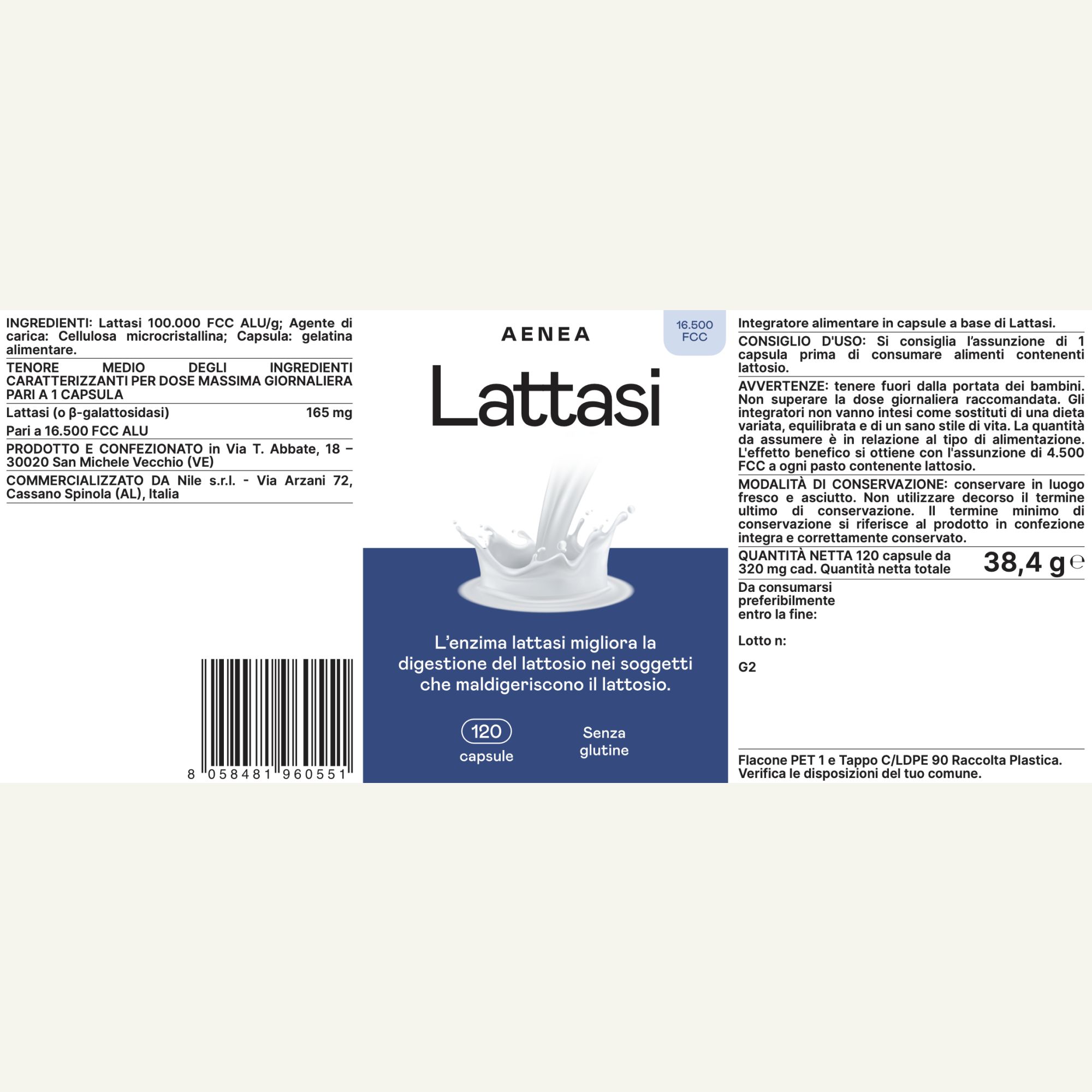 Confezione del prodotto. Flacone bianco con fascia blu. Scritta: Aenea Lattasi 120. Testo e informazioni sugli ingredienti.