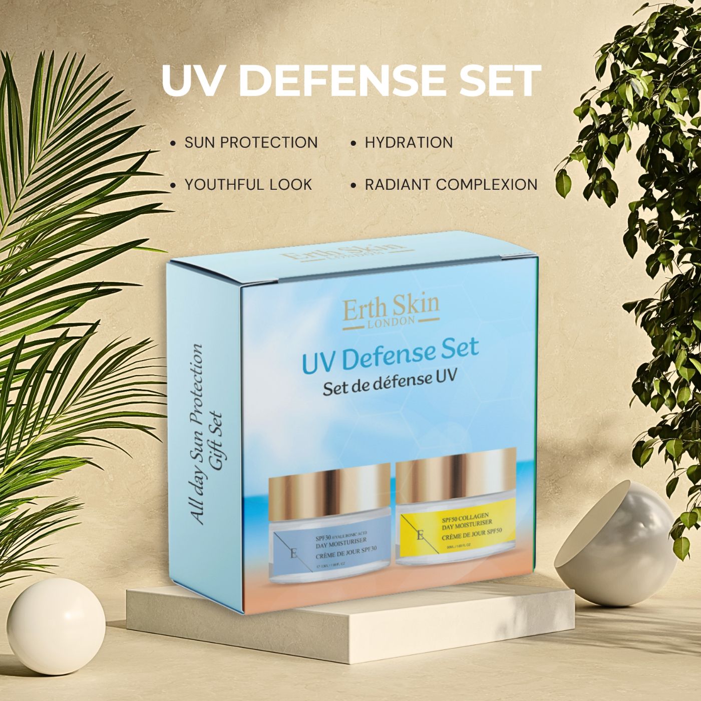 Set regalo con due creme. "Erth Skin London UV Defense Set". Creme con coperchi dorati ed etichette. Presentato su un piedistallo.