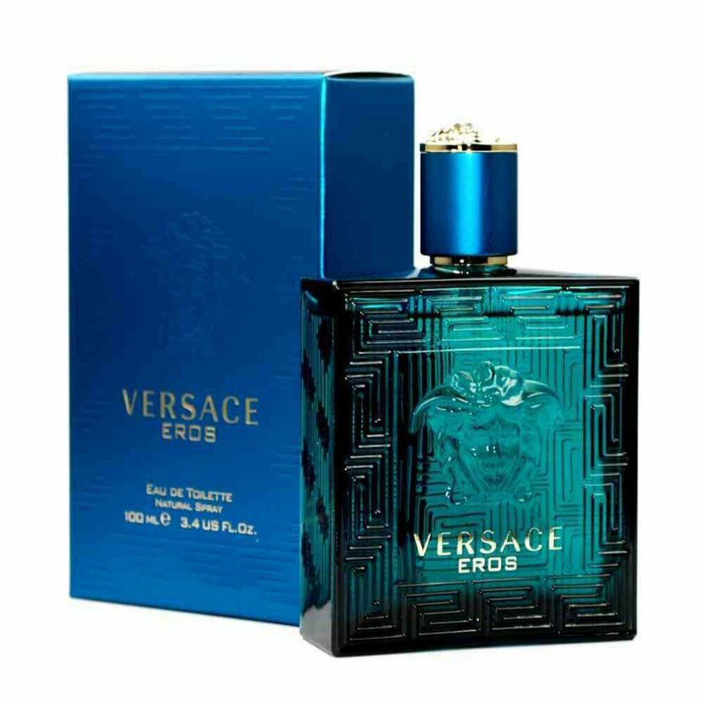 Flacone e confezione turchese. Scritta: VERSACE EROS. Logo Medusa. Tappo blu.
