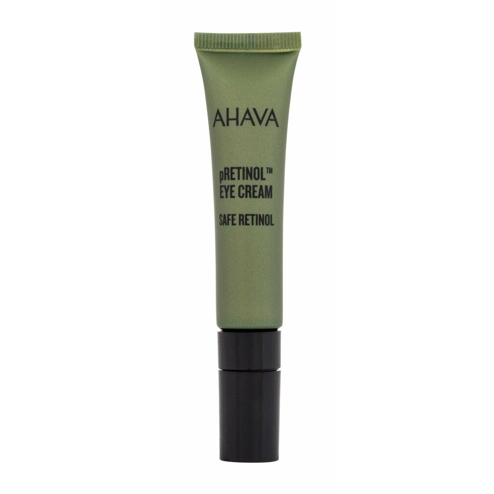 Tubo verde con tappo nero. Scritta: AHAVA, pREtinol Eye Cream, SAFE RETINOL.