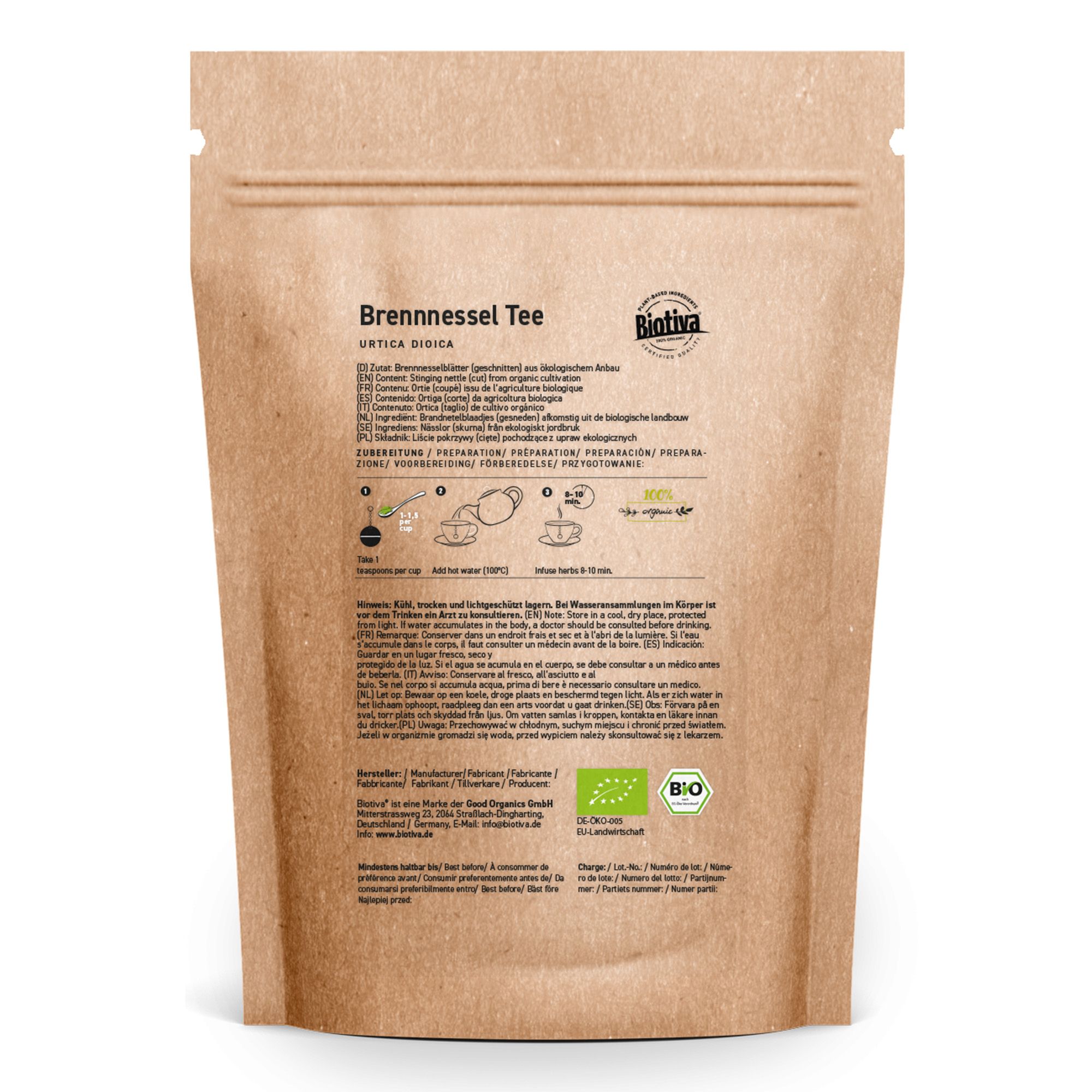 Tè di ortica Biotiva in confezione marrone. Retro con informazioni e certificazione biologica.